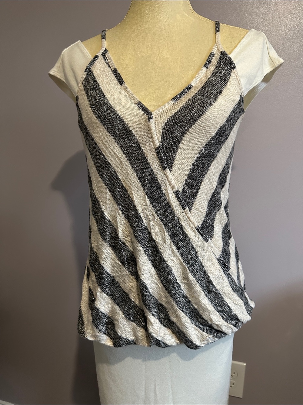 Suzy Shier Black & White Striped V-Neck Draped Cami